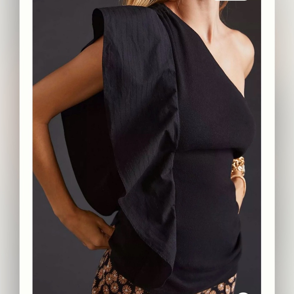 Anthropologie Maeve Black Ribbed One-Shoulder Top shirt blouse size large
